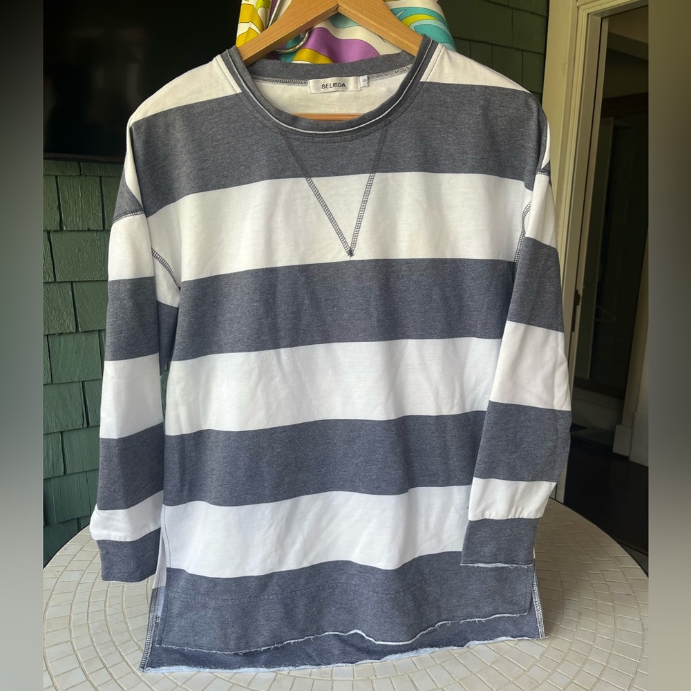 Belinda Women’s Striped Top. Small. Blue and white. 28” long